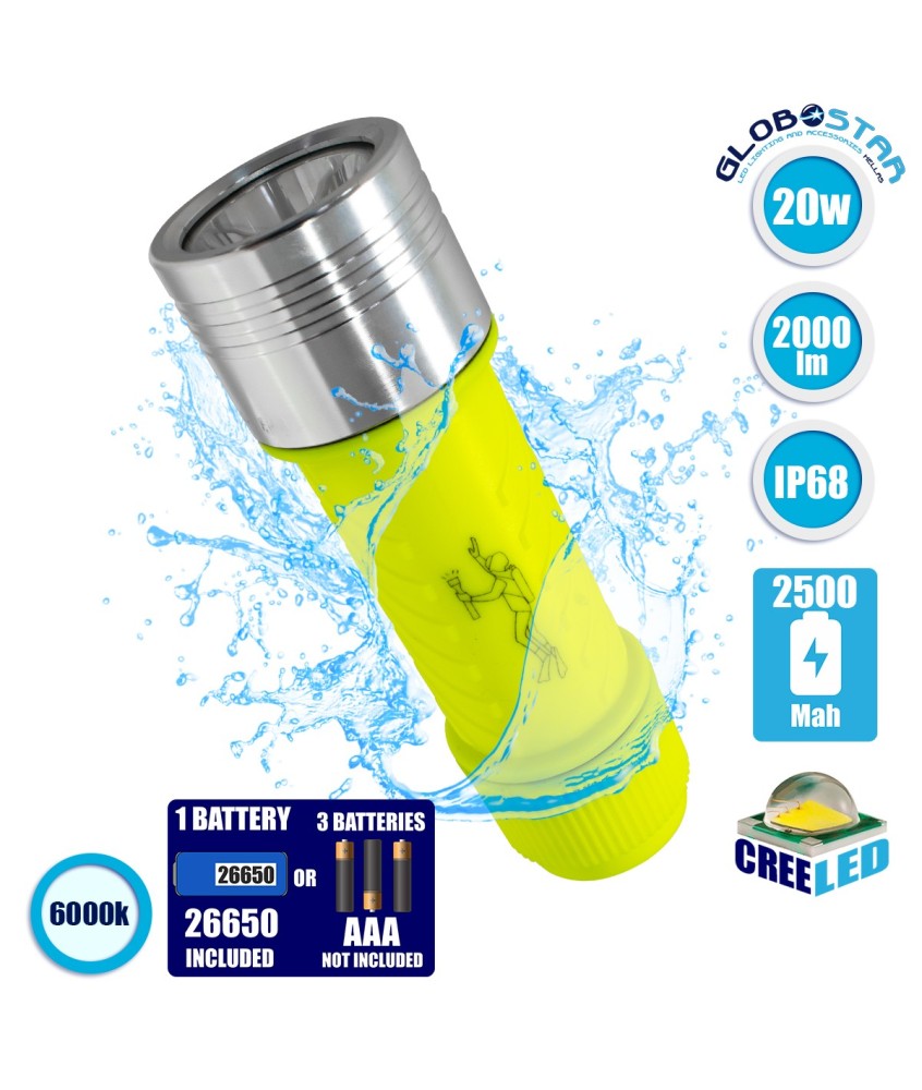 GloboStar® 79031 EXTREME Αδιάβροχος Φορητός Επαναφορτιζόμενος Φακός LED CREE XHP50 20W 2000lm & 1 x Μπαταρία 26650 2500mAh Li-ion IP68 Ψυχρό Λευκό 6000K